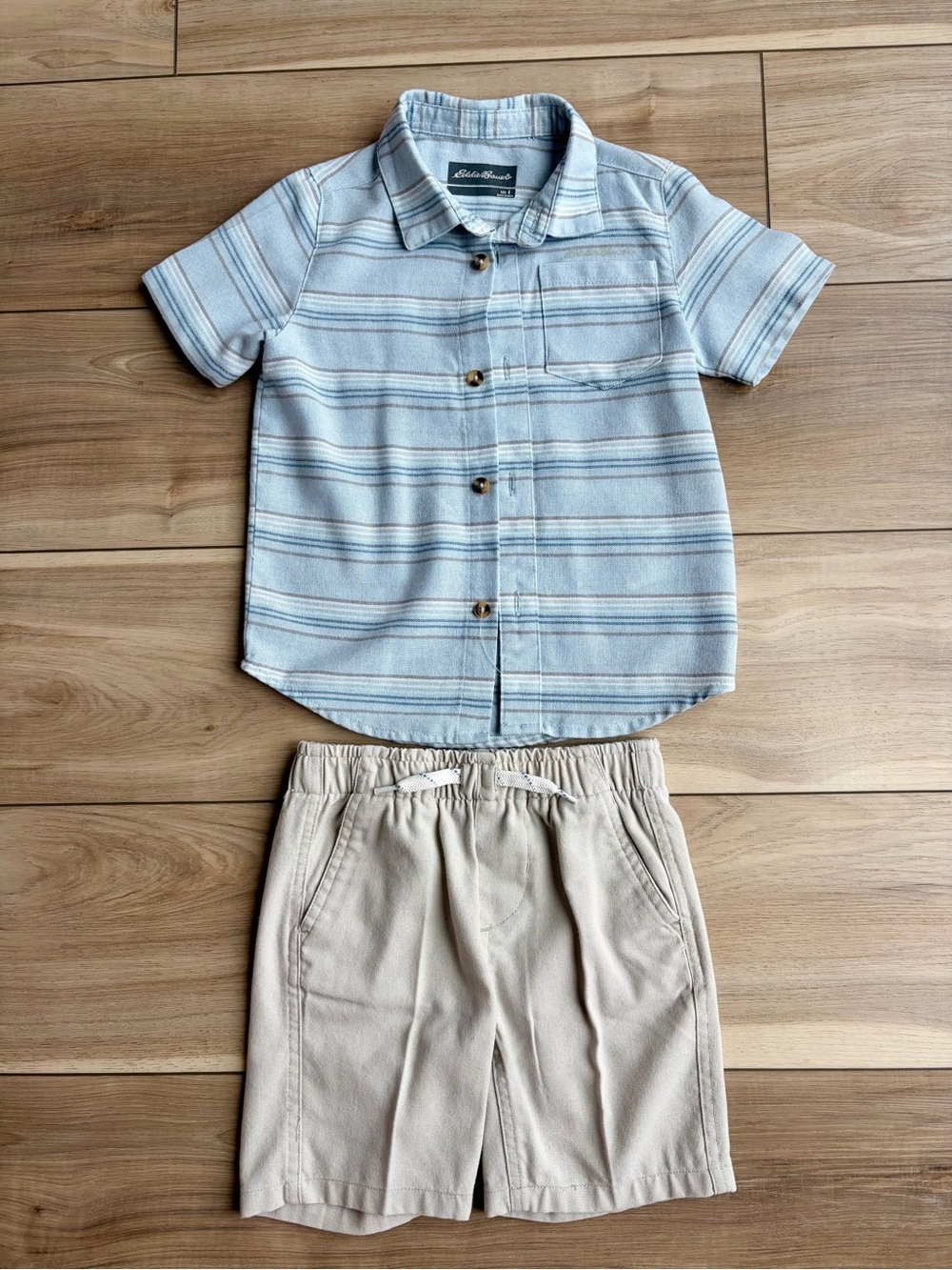 Eddie Bauer Light Blue Striped Button-Down Shirt with Khaki Shorts